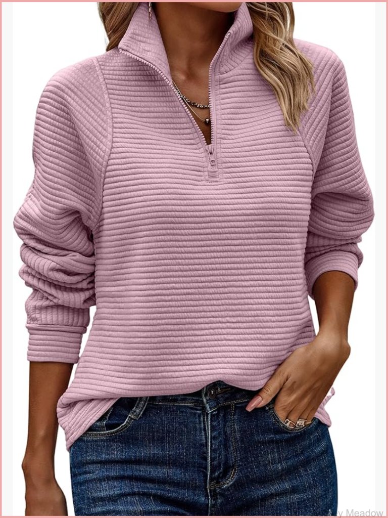 Ladies Quarter Zip Oversized Pullover Lightweight Quilted Long Sleeve Tunic Top